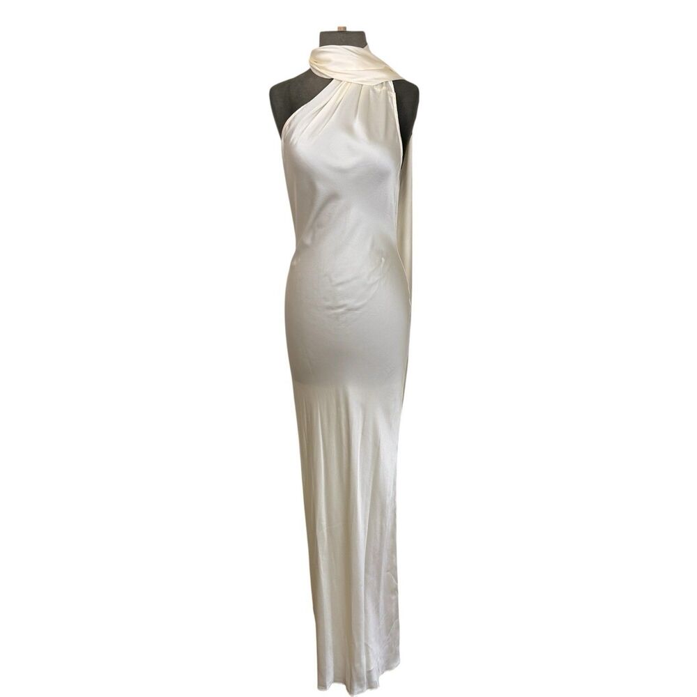 Beare Park Maxi Dress Neck Tie Detail Silk Georgette Sz AU 12 US 8 Ivory Satin